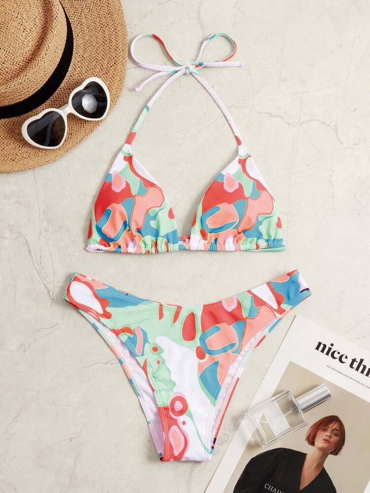 Random Color Block Ruched Bikini Swimsuit | SHEIN