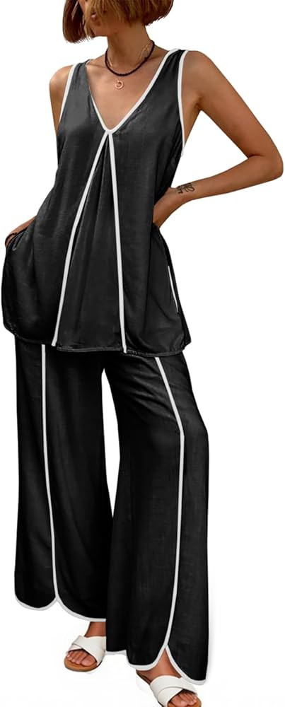 Cicy Bell Womens Summer Lounge Sets V Neck Sleeveless Tunic Tops Pajamas Sets Comfy Loungwear Wid... | Amazon (US)