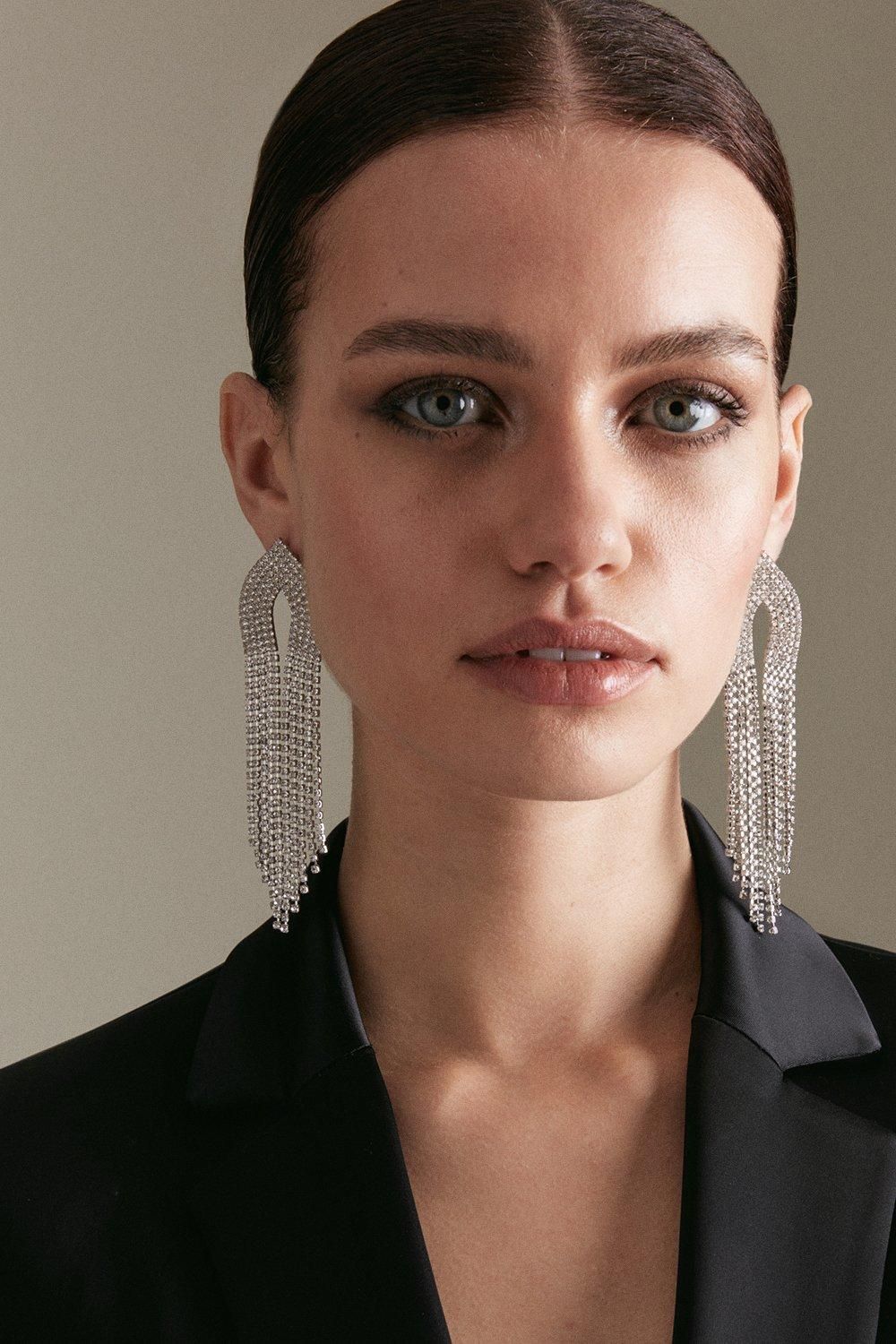 Diamante Glam Tassel Drop Earring | Karen Millen UK & IE