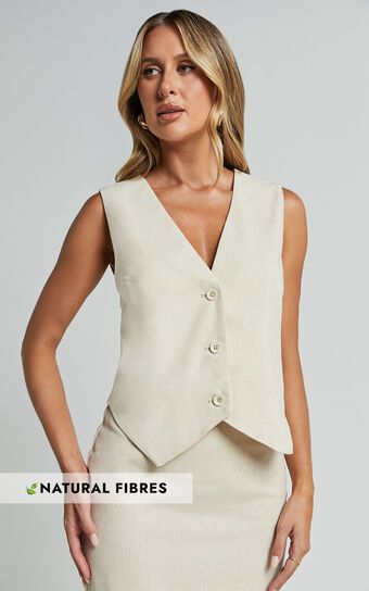 Kiraye Top - Linen Look Button Through Vest in Natural | Showpo (US, UK & Europe)