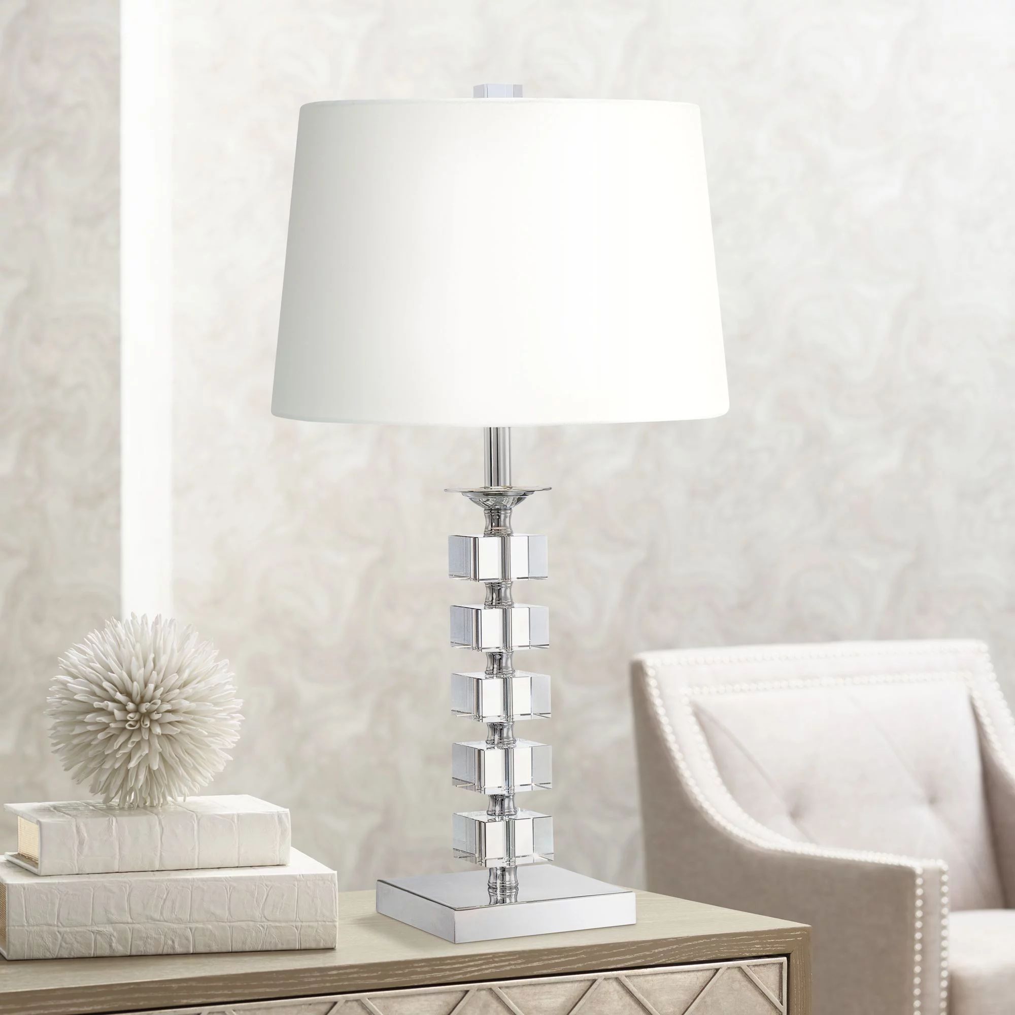 Vienna Full Spectrum Modern Table Lamp 25" High Clear Stacked Cubes Crystal White Fabric Drum Sha... | Walmart (US)