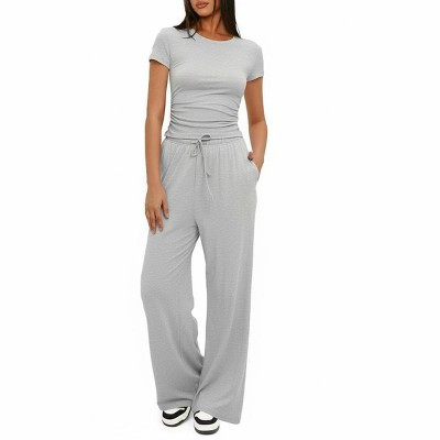 Garvee Women's 2 Piece Summer Outfits Ruched Crop Top Wide Leg Pants Matching Lounge Set Light Gray L | Target