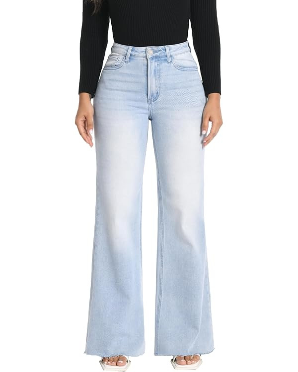 ONESO Wide Leg Jeans for Women High Waisted Baggy Jeans Stretchy BBL Jeans Raw Hem Denim Pants Tr... | Amazon (US)