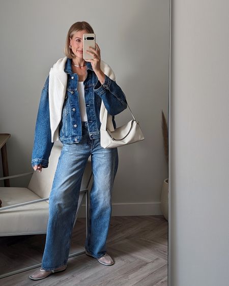 Double denim outfit with white spanx bodysuit and mesh ballet flats 

