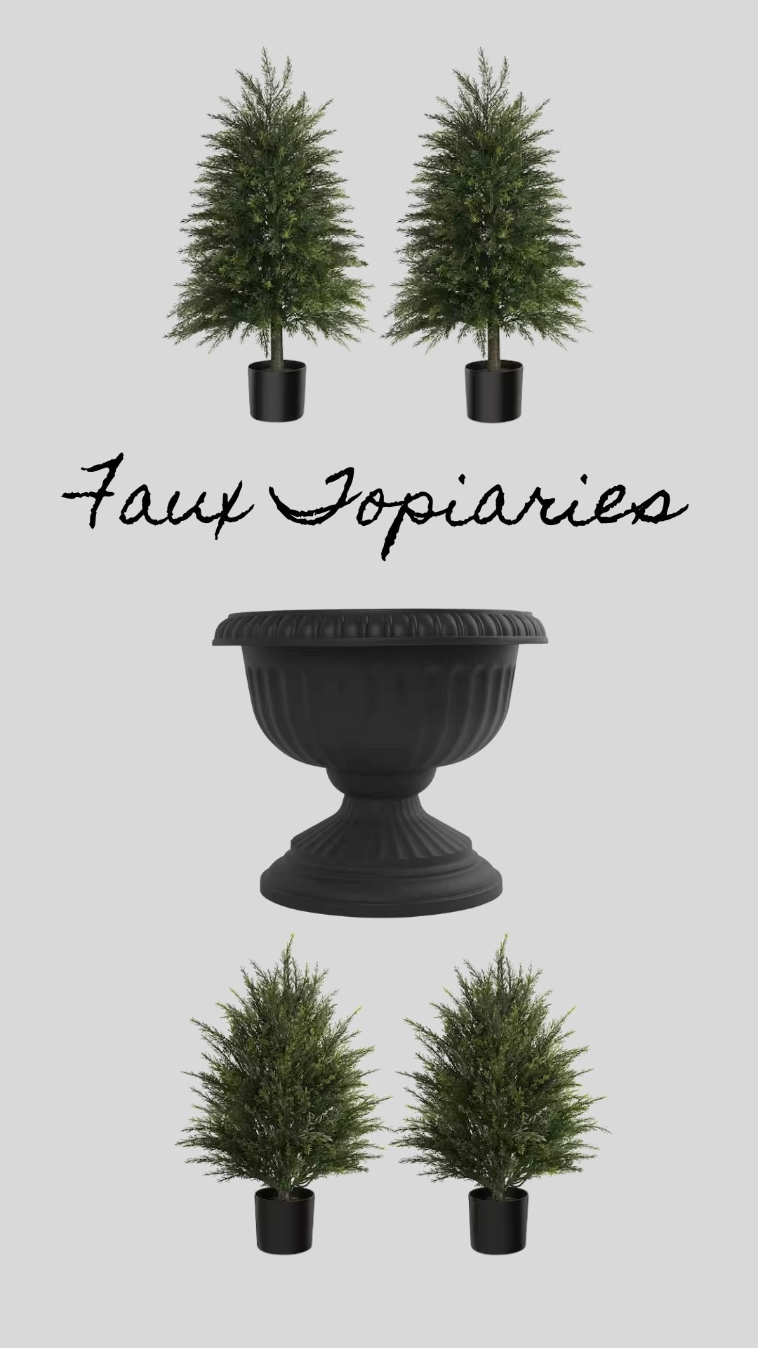 I love these realistic looking faux cedar topiary shrubs!