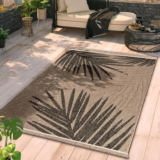 Paco Home in- & Outdoor Rug Natural Look with Tropical High Low Leaf Design in Beige, Size: 5'3" ... | Amazon (US)