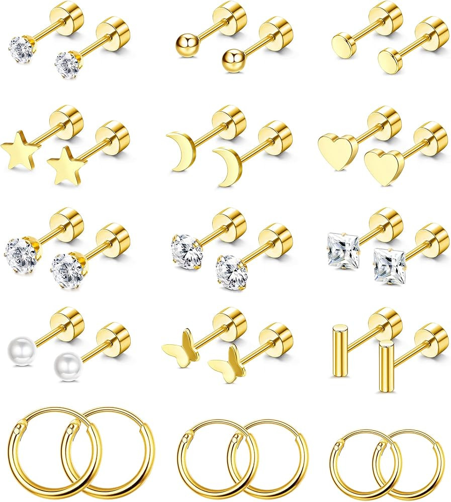 Florideco Small Tiny Stud Earrings for Women Men Hypoallergenic Flat Back Earrings 14K Gold Plate... | Amazon (US)