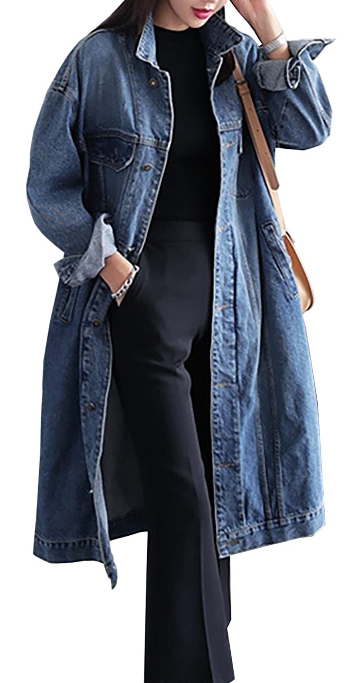 Jofemuho Womens Classic Long Jean Jacket Plus Size Loose Long Sleeve Button Down Denim Jacket Trench | Amazon (US)