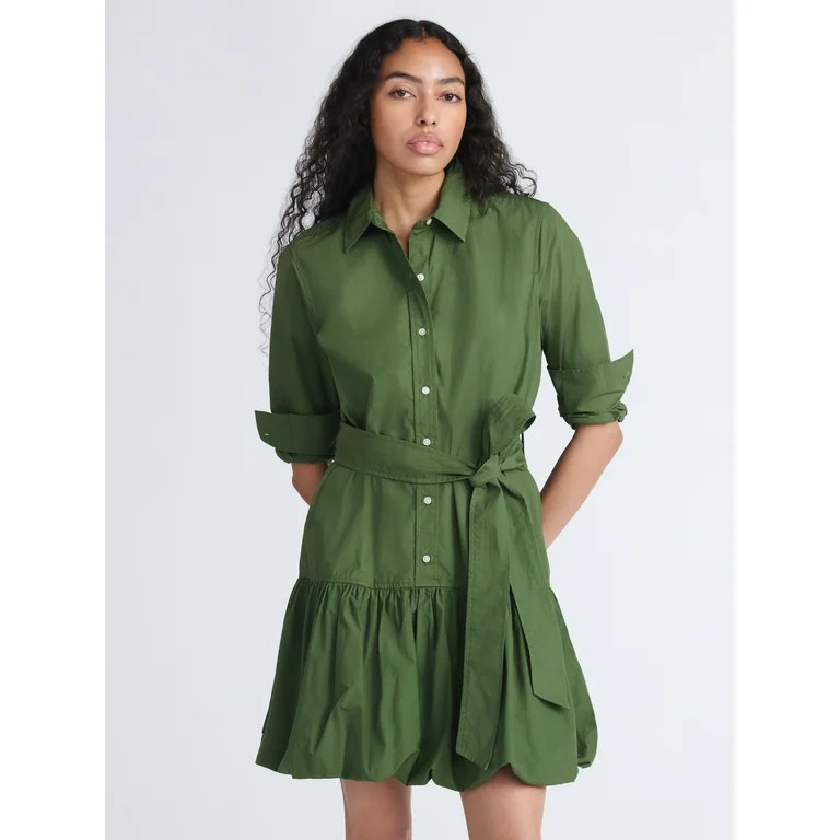 Free Assembly Women's Belted Bubble Hem Cotton Mini Dress with Long Sleeves, Sizes XS-XXL | Walmart (US)