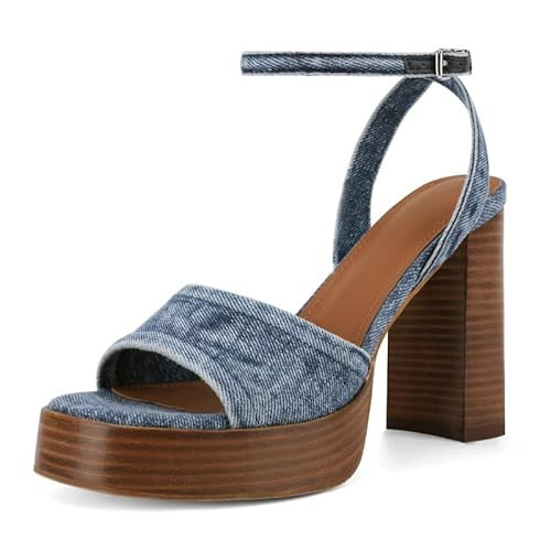 ANFEE Denim Platform Sandals Blue Platform Heels for Women Chunky Heel Open Toe Sandals Ankle Strap Womens Wedding Party Summer Heels，Size 7 | Amazon (US)