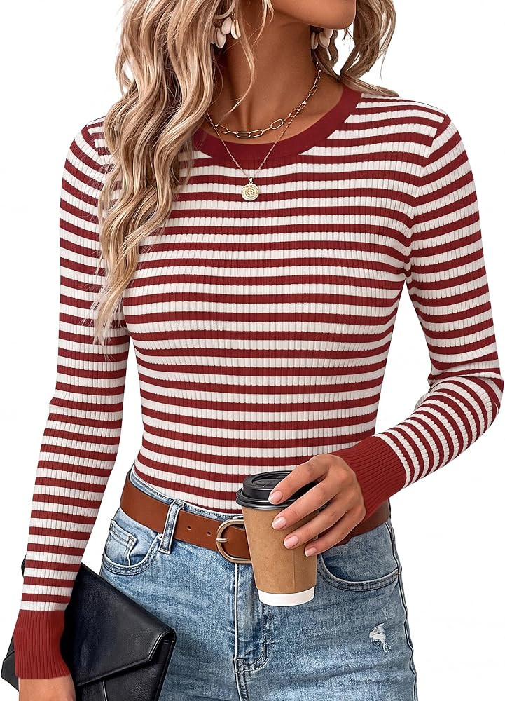 PRETTYGARDEN Womens Long Sleeve Striped Fitted Sweater Tops | Amazon (US)