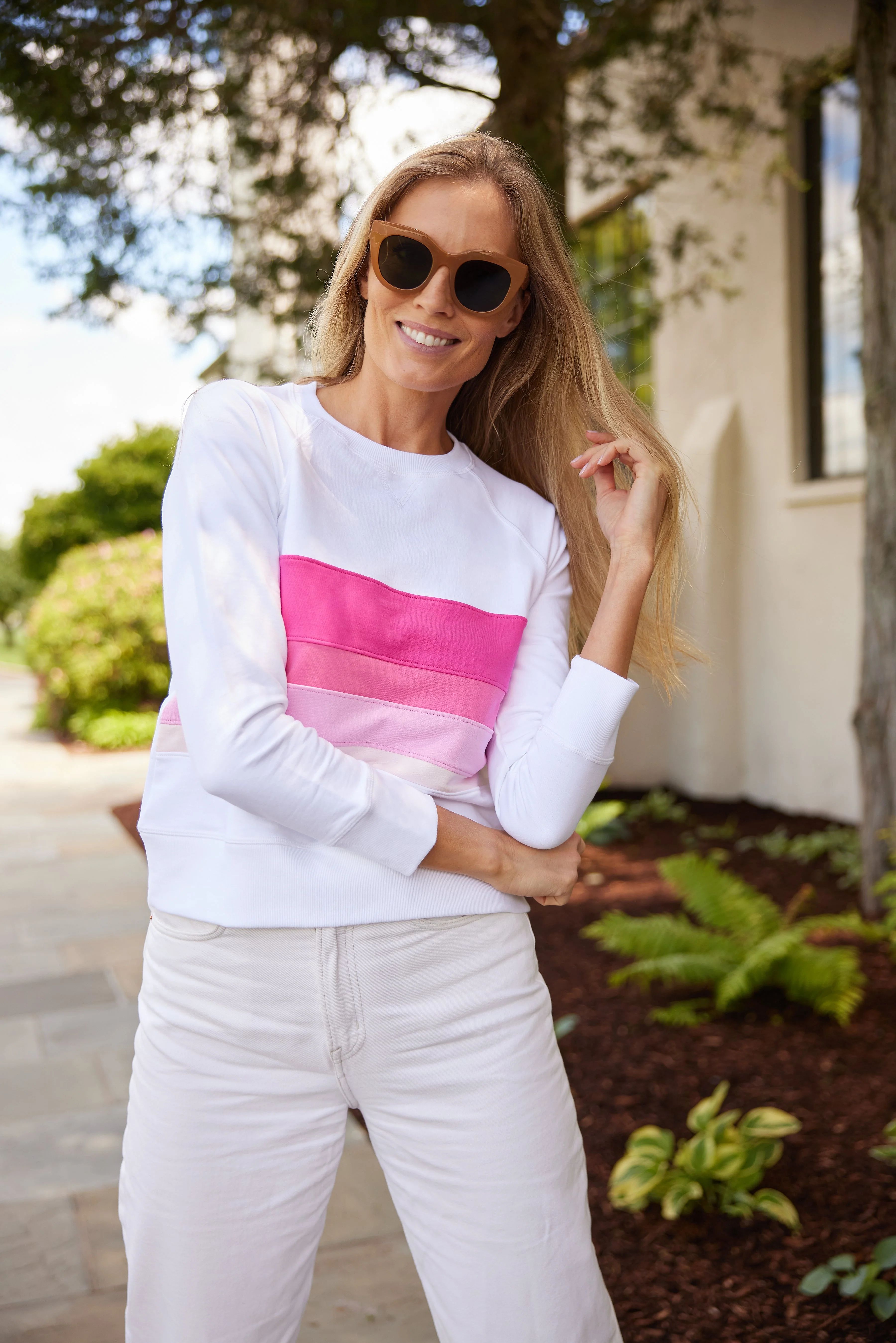 White Tonal Pink Stripe Sweatshirt | Sail to Sable