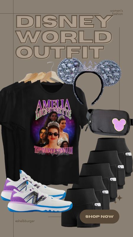 Princess Diaries Disney world outfit for women 

• Princess Diaries oversized tshirt - Amelia Mignonette Thermopolis Renaldi Princess of Genovia 
• set of 5 spandex shorts biker shorts with pockets
• Princess bedazzled tiara mouse ears
• Disney Fanny pack belt bag Minnie bow patch
• sport shoes sneaker New Balances optic white with purple fade and blackk

#LTKshoecrush #LTKtravel #LTKstyletip