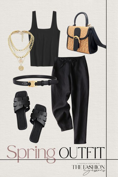 Spring Outfit | Linen pants | Neutral Spring Outfit Ideas | Women's Outfit | Fashion Over 40 | Forties I Sandals | Gold | Amazon Fashion | All black outfit | Workwear | Accessories | The Fashion Sessions | Tracy

#LTKstyletip #LTKitbag #LTKover40
