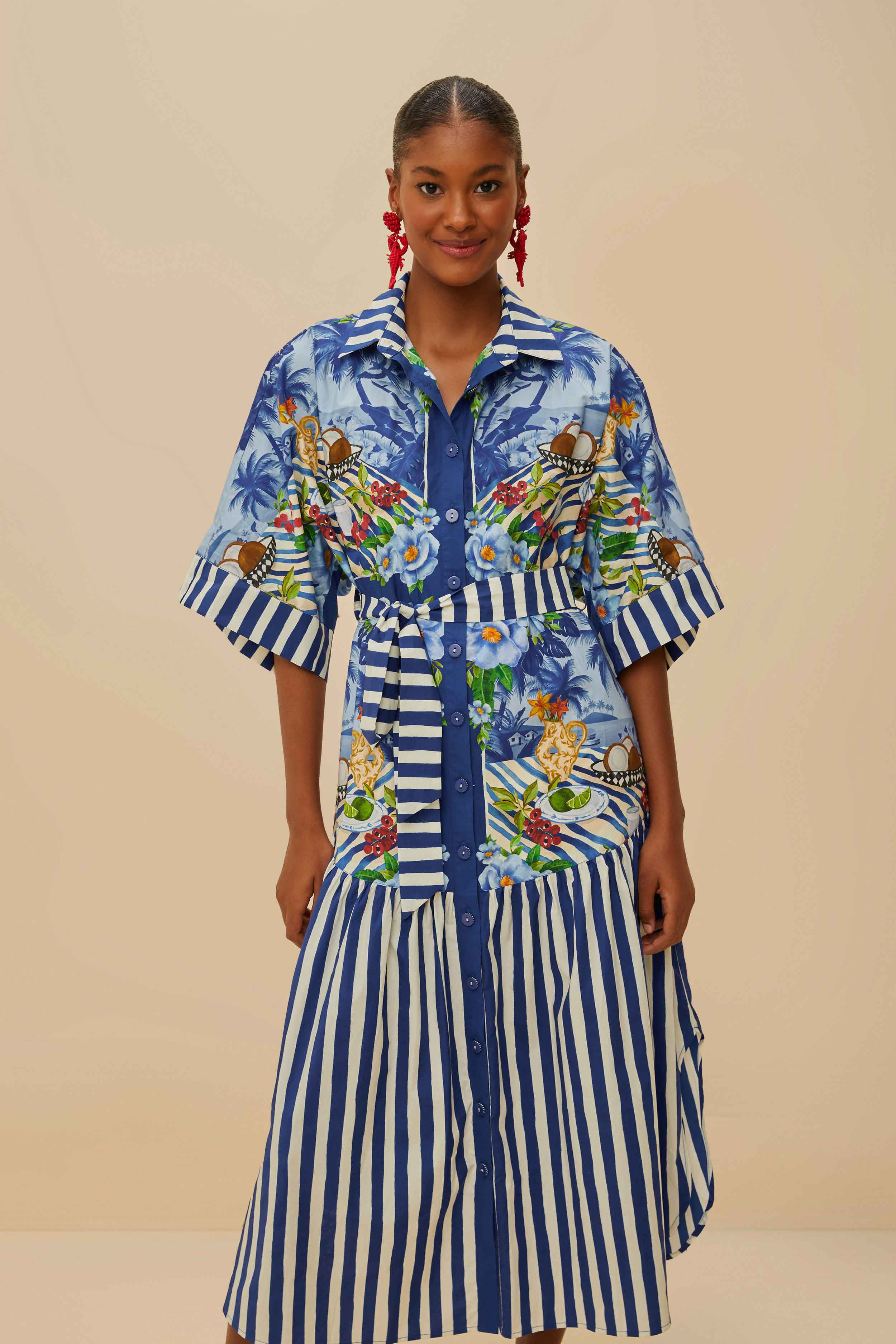 Blue Fresh Table Scarf Organic Cotton Midi Dress | FarmRio (US)