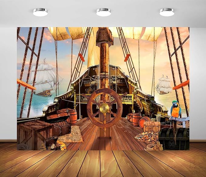 BELECO 7x5ft Fabric Vintage Pirate Ship Backdrop Wooden Rudder Treasure Chests Treasure Map Barre... | Amazon (US)