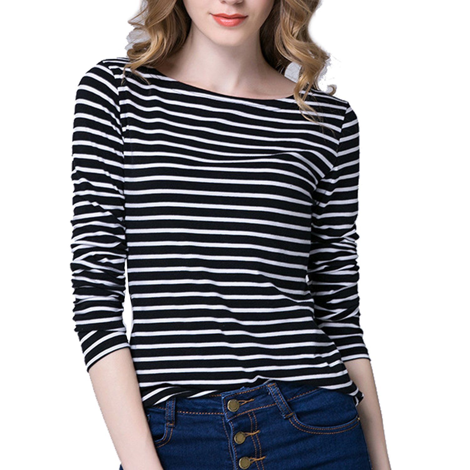 Tulucky Women's Casual Long Sleeve Shirts Stripe Tees Round Neck Tank Tops | Amazon (US)