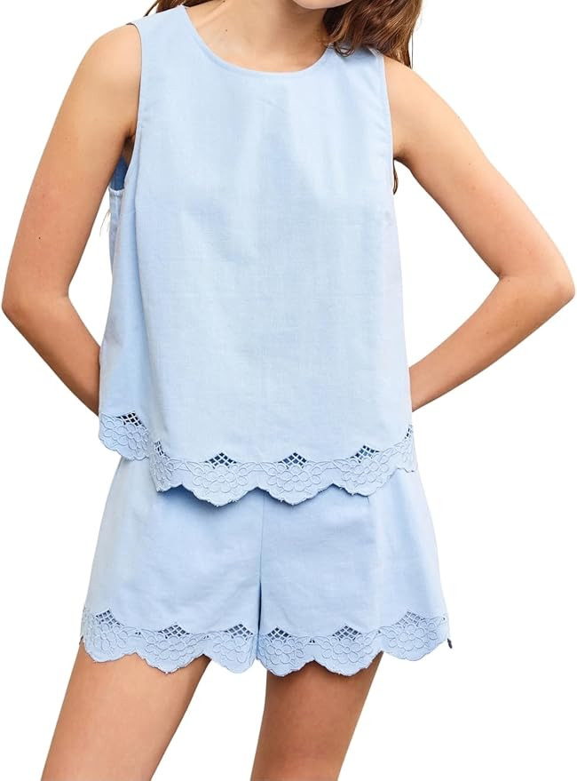 Women Trendy 2 Piece Outfits Shorts Sets Round Neck Sleeveless Scallop Embroidered Edge Top and B... | Amazon (US)