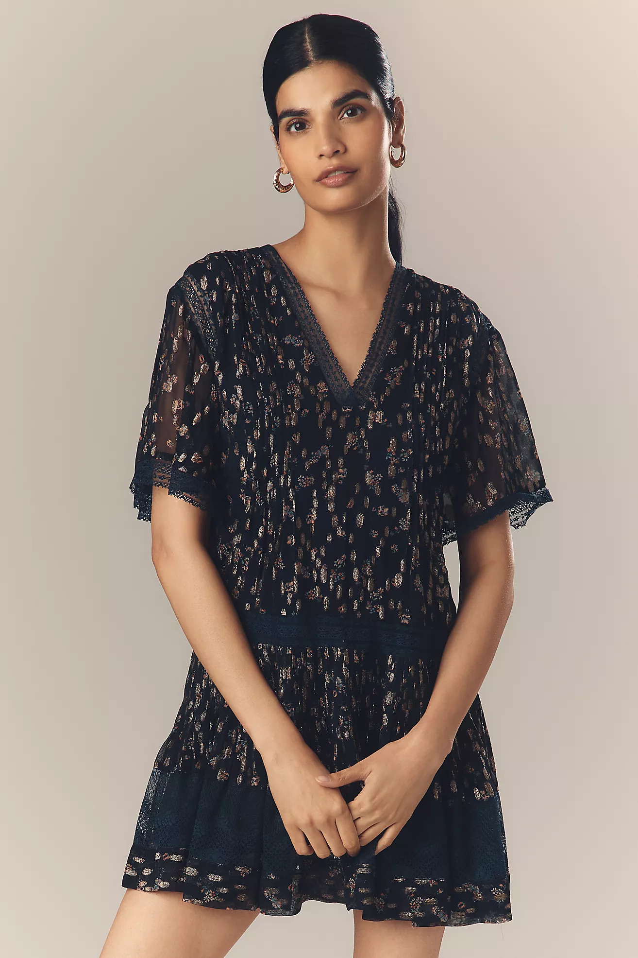 Maeve V-Neck Lurex Tiered Mini Dress | Anthropologie (US)