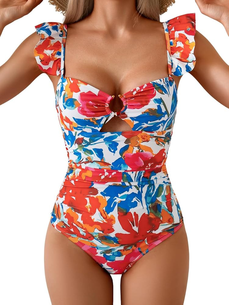 Eomenie Women's One Piece Swimsuit Tummy Control Bathing Suit Ruffle Cutout Slimming Swimwear | Amazon (US)