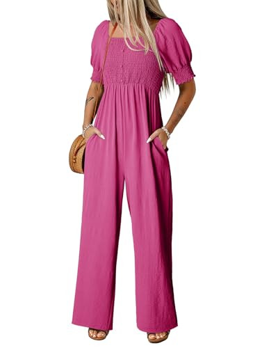 Dokotoo Jumpsuits for Women 2025 Summer Lantern Sleeves Rompers Wide Leg Casual Overalls with Poc... | Amazon (US)