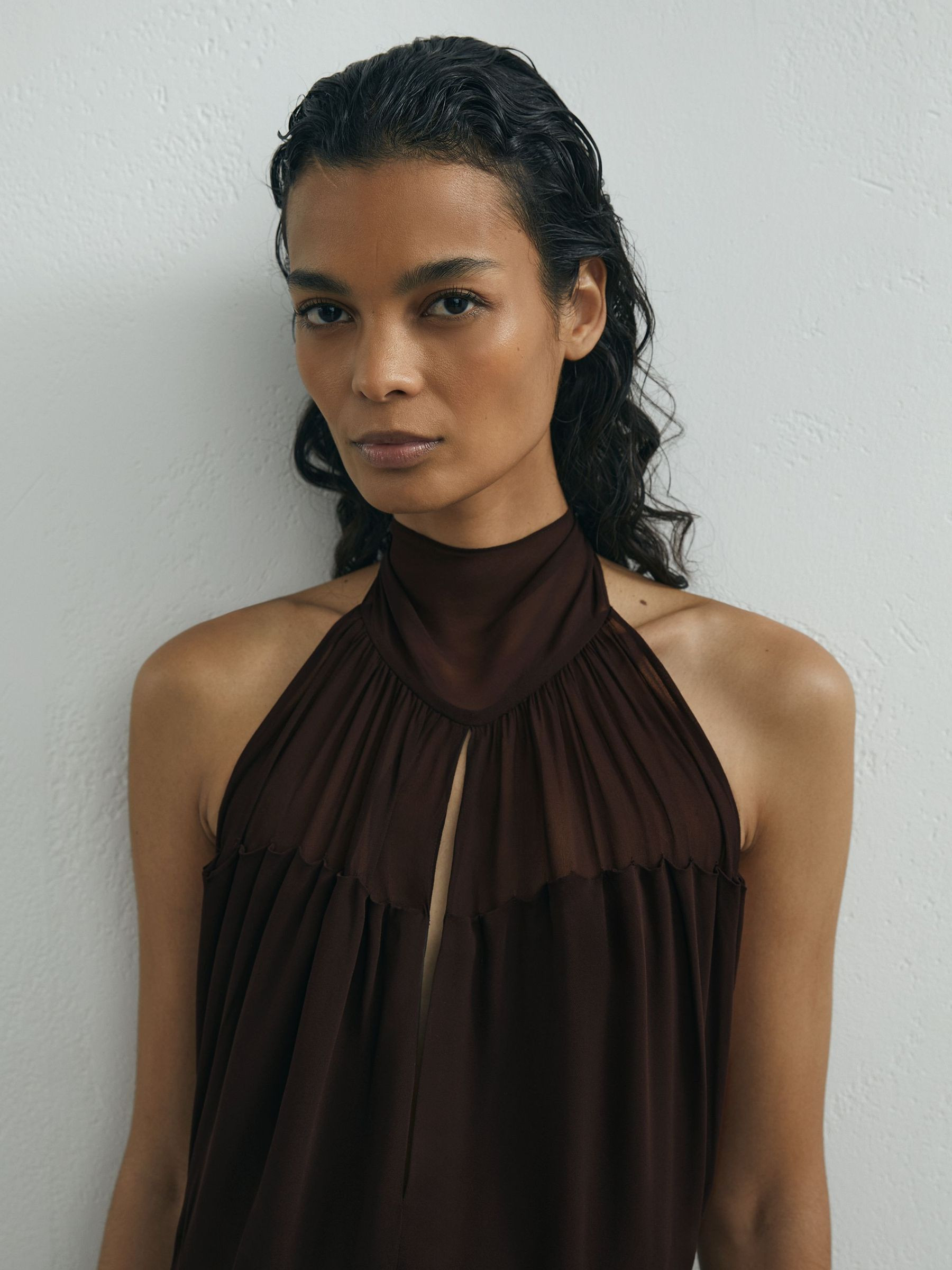 Atelier Chiffon Draped Halterneck Maxi Dress in Chocolate | Reiss UK