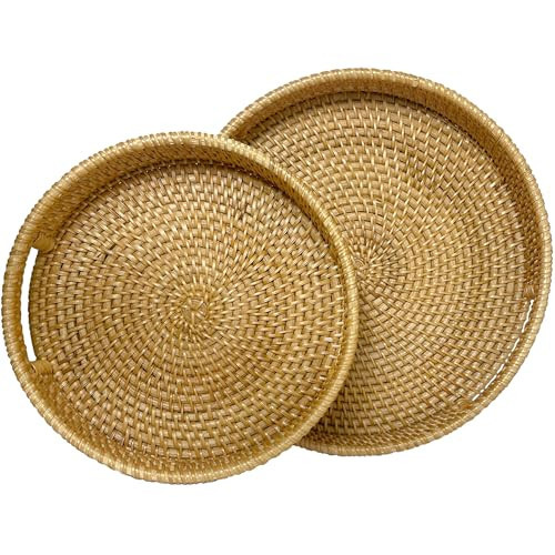 ChumDecor Round Rattan Serving Tray, Natural Wicker Trays for Decor, Coffee Table Tray Decor, Elegant Woven Basket Tray, Round Wicker Tray, Decorative Gifts for Occasion (Set of 2, Natural Wicker) | Amazon (US)