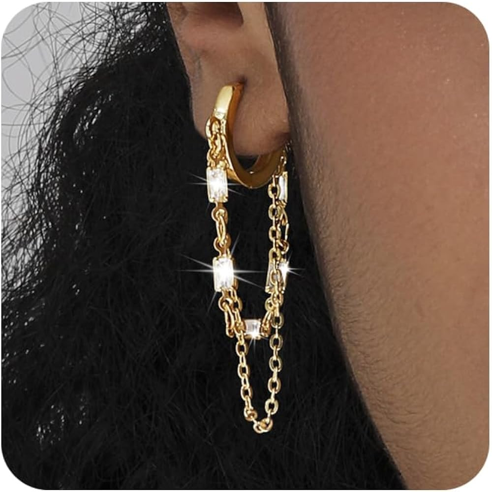 Ritach Gold Chain Earrings for Women Trendy Dainty 925 Sterling Silver Post 14k Gold Plated Chain... | Amazon (US)