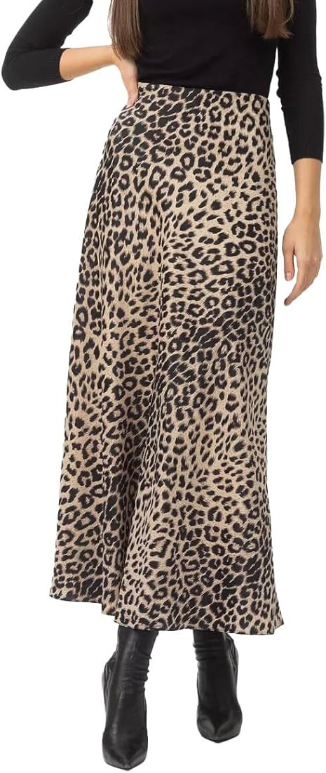 Islis Women's Slik Satin Leopard High Waist Wrap Elastic Waisted Maxi Long Skirt | Amazon (US)
