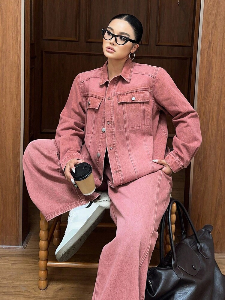 Dazy Plus 2pcs Plus Size Women Casual Pink Washed Denim Jacket & Pants Set, Loose Lapel Long Slee... | SHEIN
