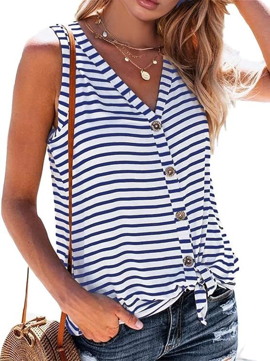 DAOMUMEN Womens Tank Tops Button Down Striped Sleeveless Tie Front Summer Casual V Neck Tunic Shi... | Amazon (US)