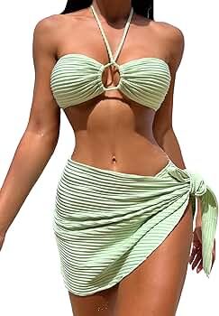 MakeMeChic Women's 3 Piece Halter Bikini Sets Swimsuit Bathing Suit Cover Up Skirt | Amazon (US)