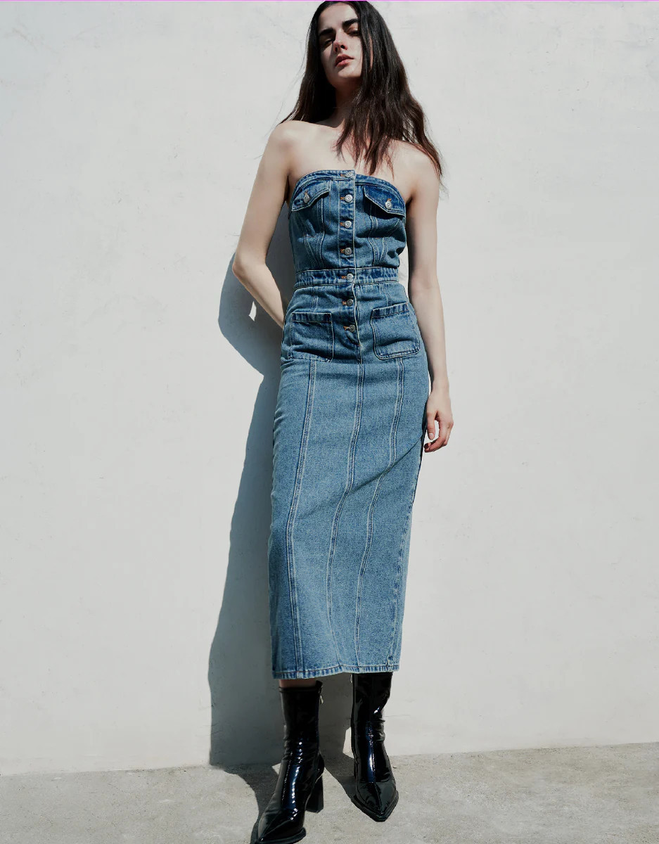 Sleeveless Off-Shoulder Denim Dress | Urban Revivo