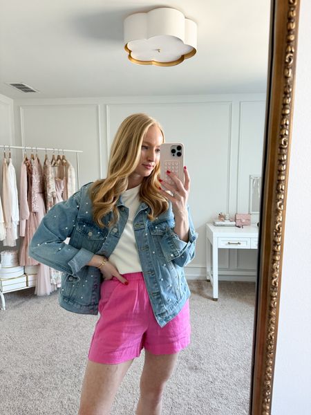 The cutest casual spring outfit. I paired a white tee with these fun linen shorts from Loft. I added an embellished jean jacket and some sneakers to finish the look. 