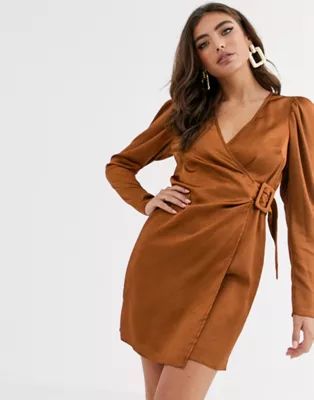 ASOS DESIGN satin wrap mini dress with buckle in rust | ASOS (Global)