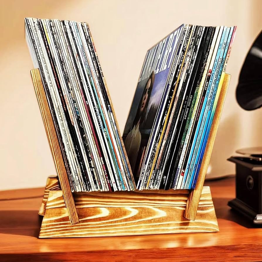 Vinyl Record Storage Holder, Rustic Wooden Vinyl Stand, Fits 10”-12” Size Record, Easy to Fli... | Amazon (US)