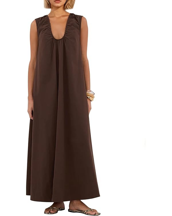 Women Sleeveless Ruched Maxi Dress Scoop Neck Long Elegant Dresses Wide Shoulder Strap Blouse Dre... | Amazon (US)