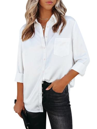 Aoudery Womens Button Down Shirts Dress Shirts Long Sleeve Collared Blouses V Neck Work Office Tunic Chiffon Tops-White S | Amazon (US)
