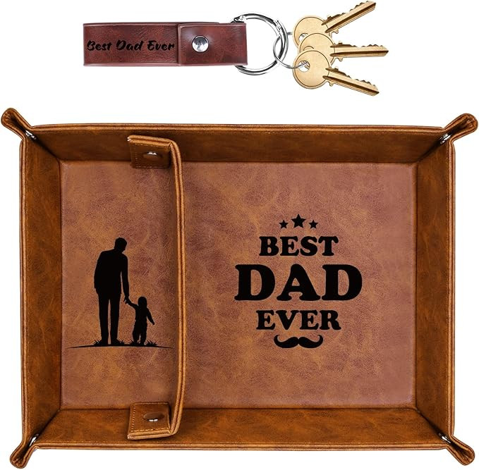 Gifts for Dad Fathers Day, Best Dad Ever PU Leather Valet Tray and Keychain, Unique Dad Birthday ... | Amazon (US)