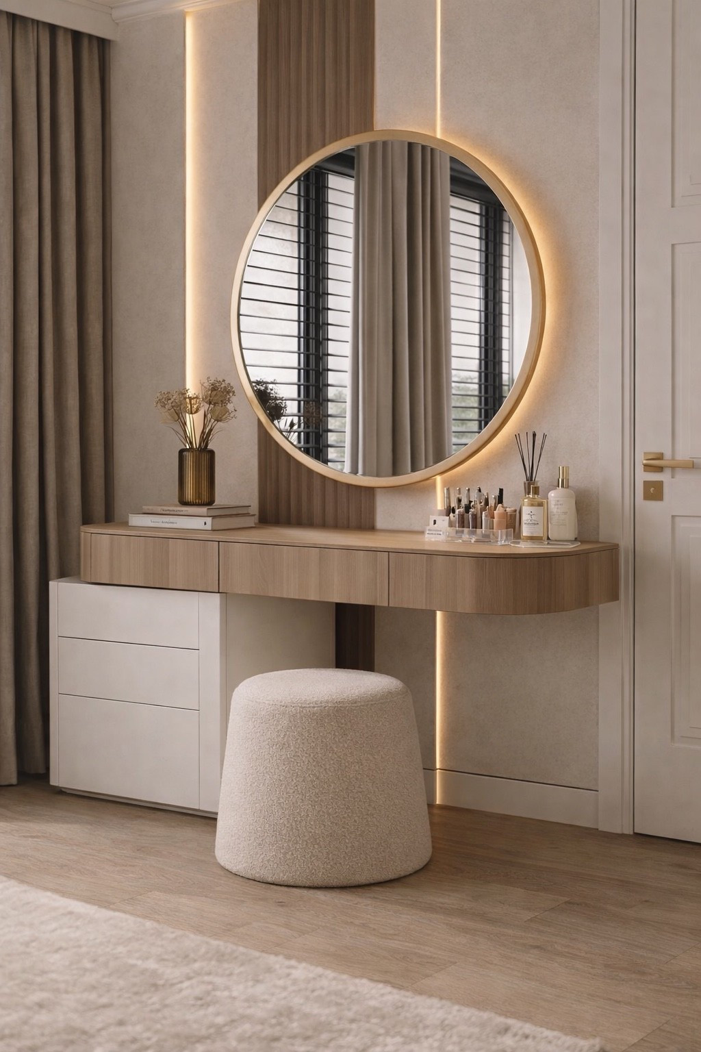 A modern makeup vanity designed in soft neutral tones, featuring a sleek floating table, a round LED mirror, and a minimalist upholstered stool.
Clean lines, warm lighting, and functional storage create a calm, elegant space perfect for a modern bedroom or dressing area.

Save this pin for vanity table ideas, modern makeup setups, and neutral interior inspiration.
Shop similar vanity tables, LED mirrors, stools, and decor through my LTK for a timeless, designer-inspired look 🤍

#vanitytable
#makeupvanity
#modernvanity
#makeuptable
#neutralinterior
#minimalistdecor
#bedroominspo
#luxuryinteriors
#softaesthetic
#interiorinspiration
#homedecorideas
#ltkhome
#ltkinteriors
