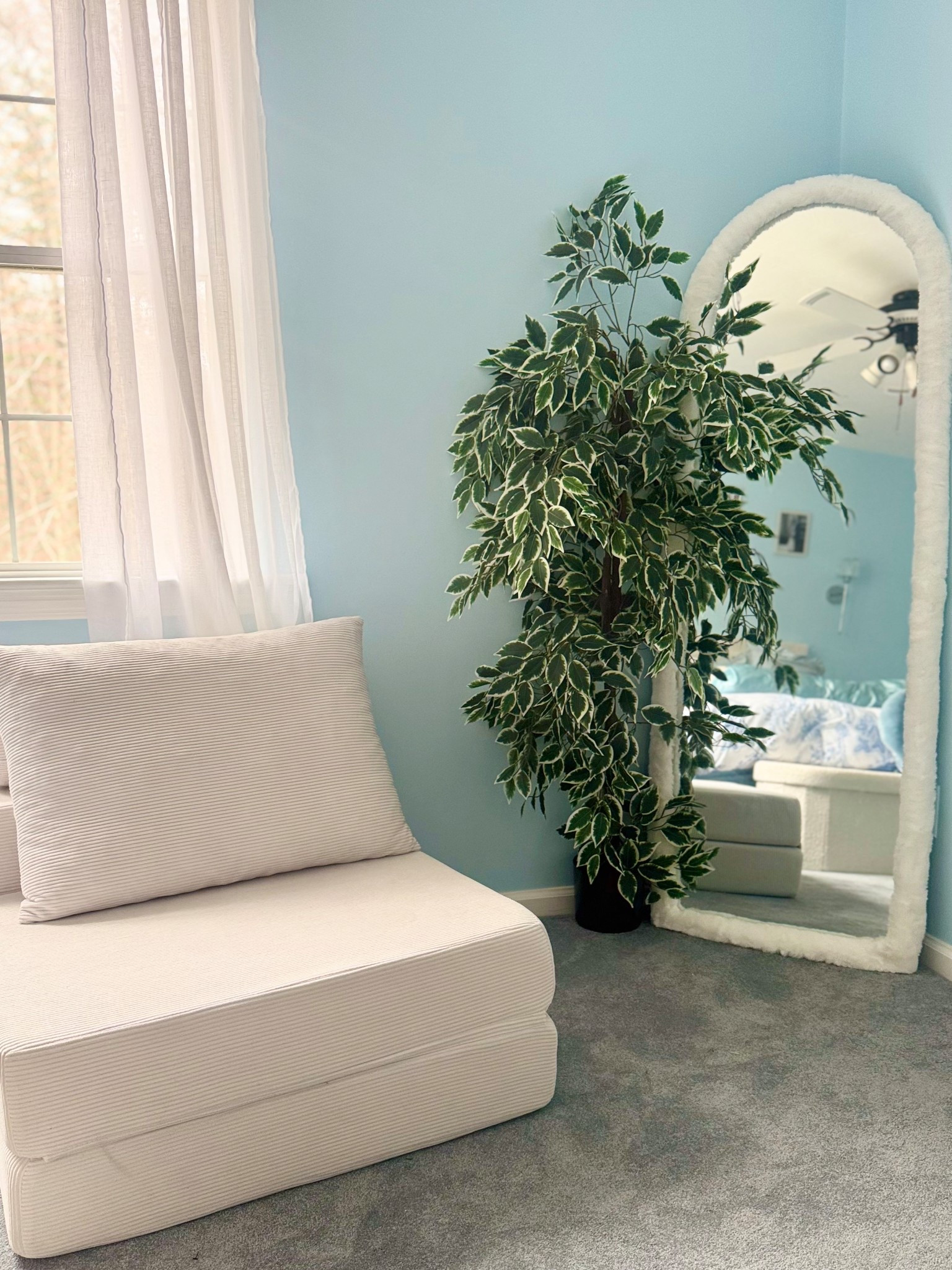 My cute lil room corner 🫶🏻 Pull out chair - pulls out into a twin bed perfect for my son when he wants to sleep in my room. 

#LTKmomlife #LTKHome #LTKvlog