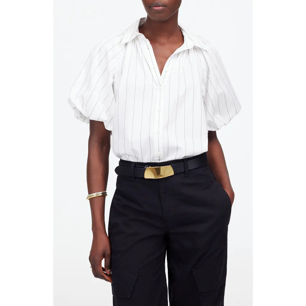 Madewell Stripe Shirred Bubble Sleeve Button-Up Shirt in White at Nordstrom, Size Medium | Nordstrom