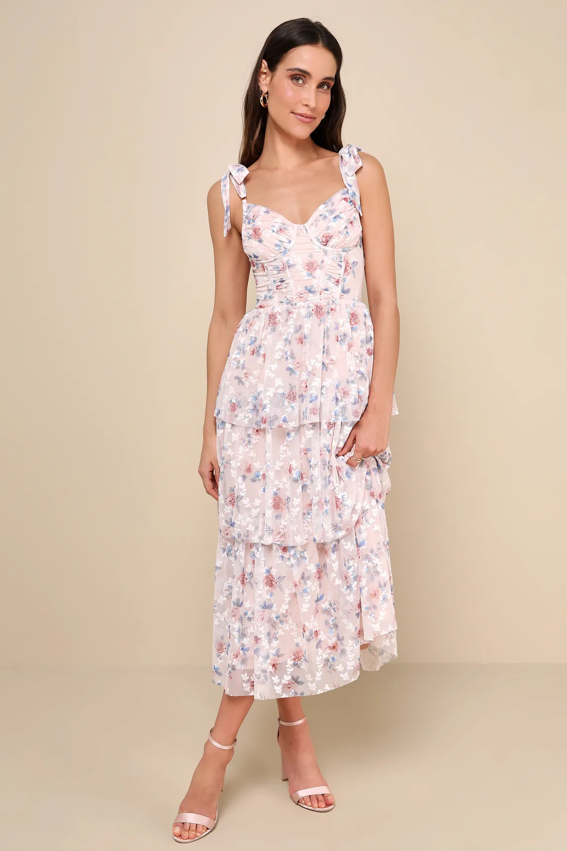 Flirtatious Radiance Blush Pink Floral Mesh Bustier Midi Dress | Lulus