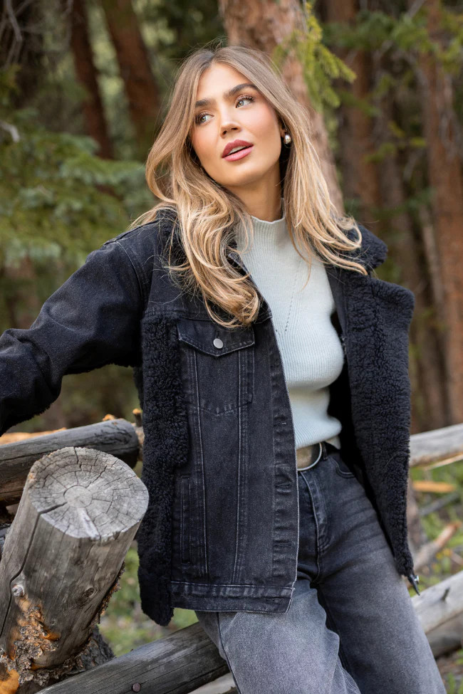 Picking Sides Black Wash Sherpa Detail Oversized Denim Jacket | Pink Lily
