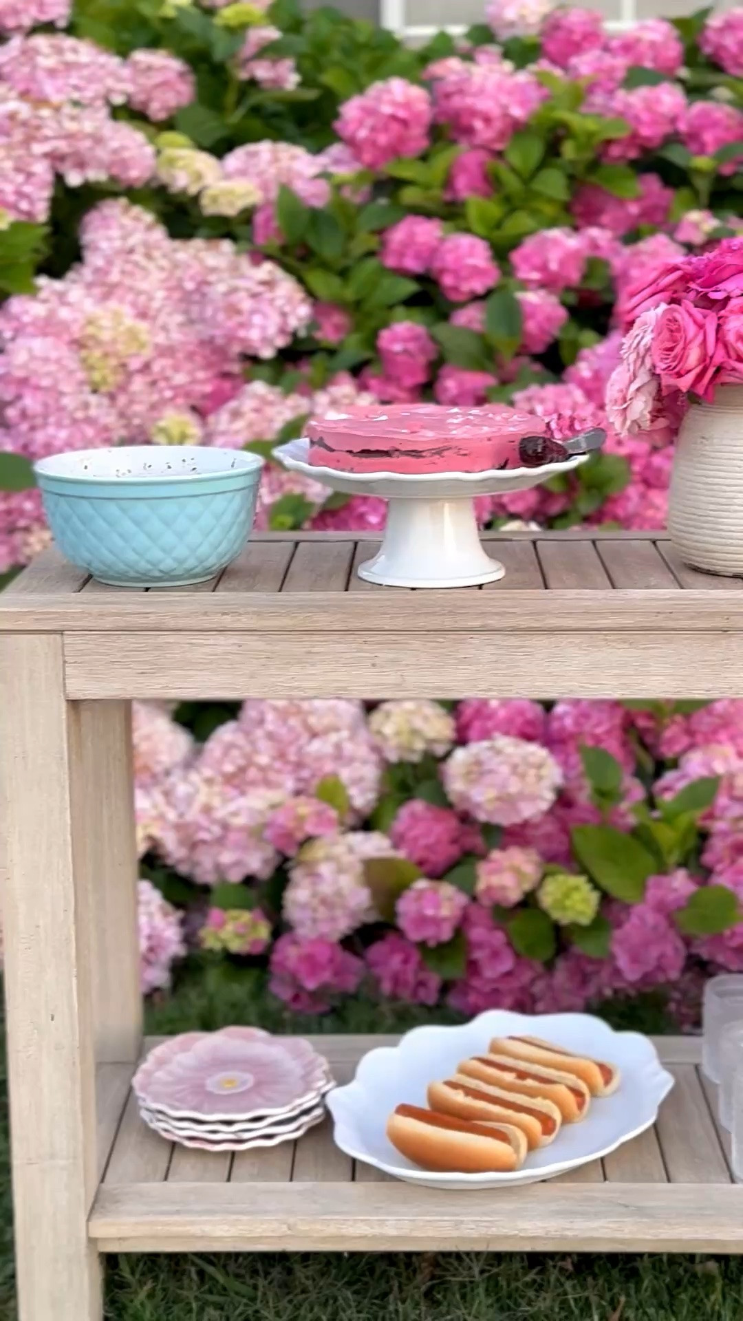 #ad This outdoor entertaining station is perfect for hosting friends and family this summer! I placed my trusty two tier console table in front of my pink hydrangea wall! I placed a pitcher of lemonade, my hobnail glasses from @Wayfair, my homemade red velvet ice cream cake and more on it! #wayfairpartner #wayfair #wayfairpicks

#LTKdayinmylife #LTKHome #LTKSeasonal