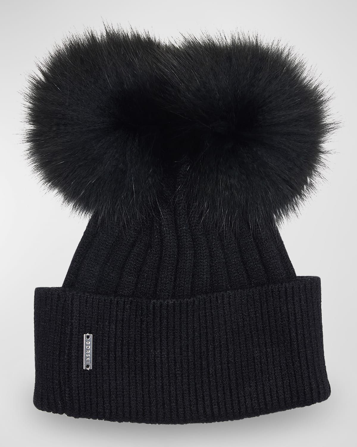 Wool-Blend Double Fox Fur Pom Beanie | Neiman Marcus