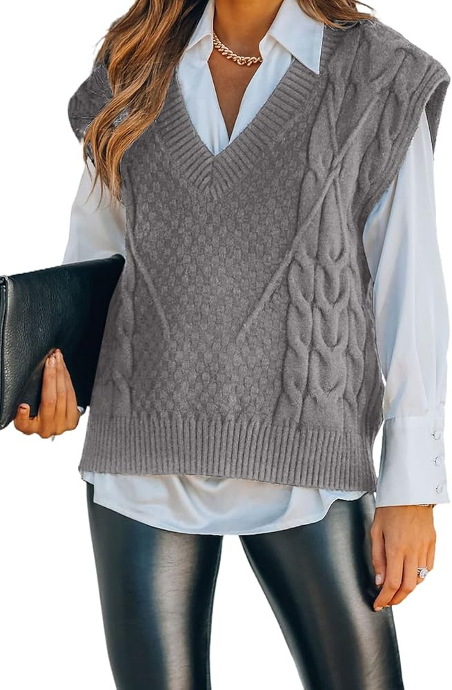 Astylish Women Sweater Vest Sleeveless V-Neck Solid Color Casual Oversized Knit Vest | Amazon (US)