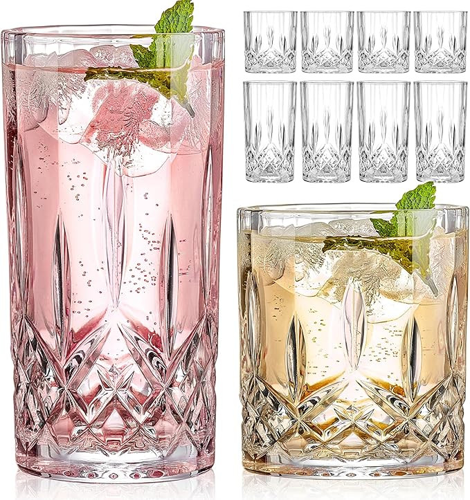 Drinking Glasses, 8 Piece Crystal Glass Cups, Mixed Glassware Set, 4 pcs Crystal Old Fashioned 11... | Amazon (US)