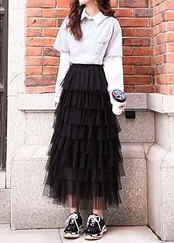 Women's Sweet Elastic Waist Tulle Layered Ruffles Mesh Long Tiered Skirt | Amazon (US)