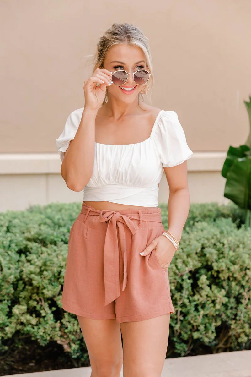 Bayside Stroll Terracotta Paperbag Linen Shorts FINAL SALE | The Pink Lily Boutique